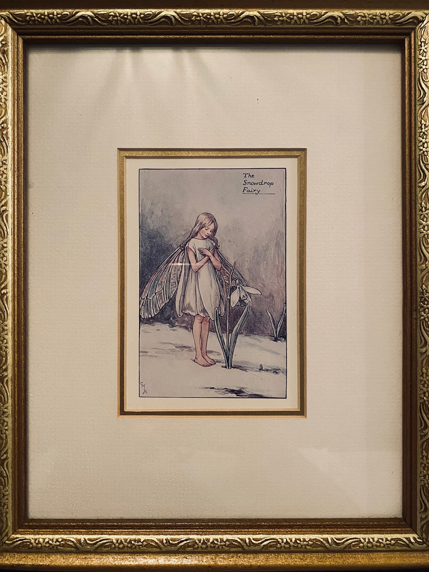 Pair of Gold Framed Fairy Prints, Scarlet Pimpernel and Snowdrop from Cicely Mary Barker’s Flower Fairies