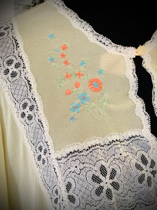 Vintage Yellow Sears Floral Embroidered Nightgown